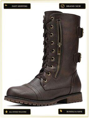 Women's Mid Calf Lace Up Combat Boots with Pocket